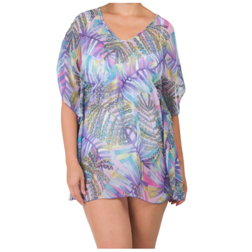 Sand & Spirit Tropical Palm Printed Chiffon Beach Cover-up 1X NWT